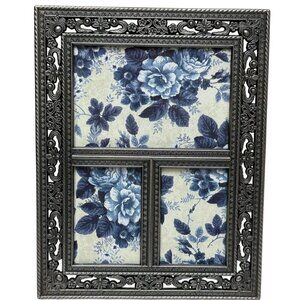 Vintage Photo Frame Antiqued Silvertone Openwork Scroll 8.75" High Made in Korea